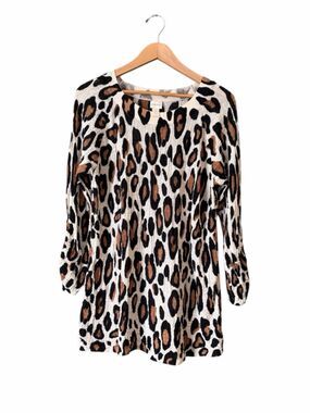 Chico's Gauzy Knit Ruched Tie Sleeves Leopard Print Tunic Top Sz 2 12/L